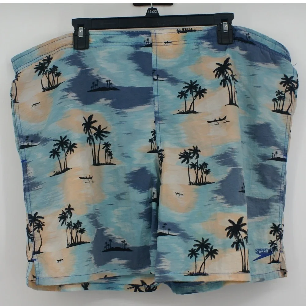 Vintage Speedo Mens Tropical Palm Tree Swim Trunks Blue Peach Large Summer Retro